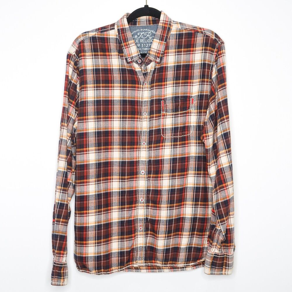 True Religion Mens Button Up Shirt XL Plaid Orange Brown Cowboy Western